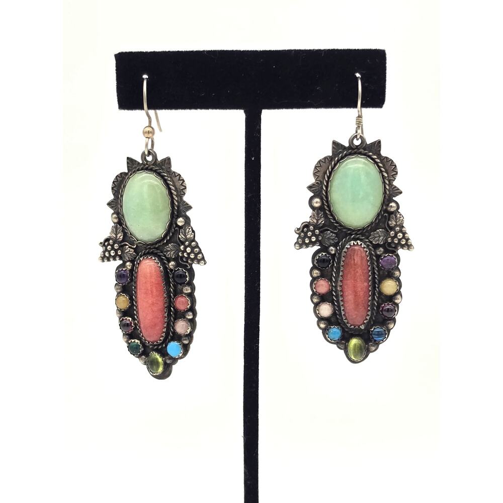Vtg Southwestern SC Cloud Natural Multicolor Stones Sterling Silver Earrings - Picture 2 of 6